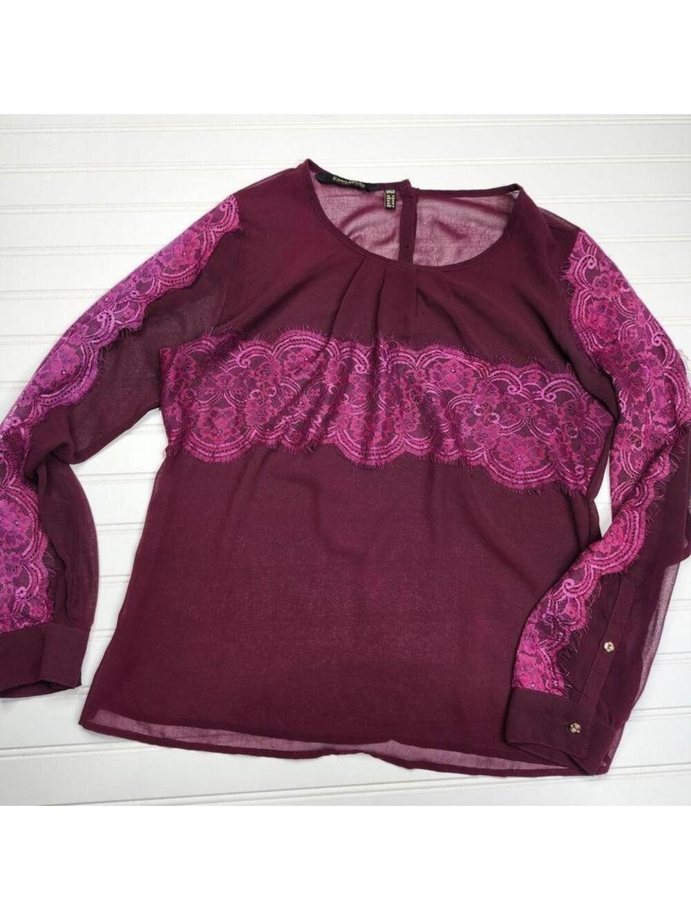 Kardashian Kollection Women's Sheer Lace Wine Long Sleeve Blouse Metal Buttons M
